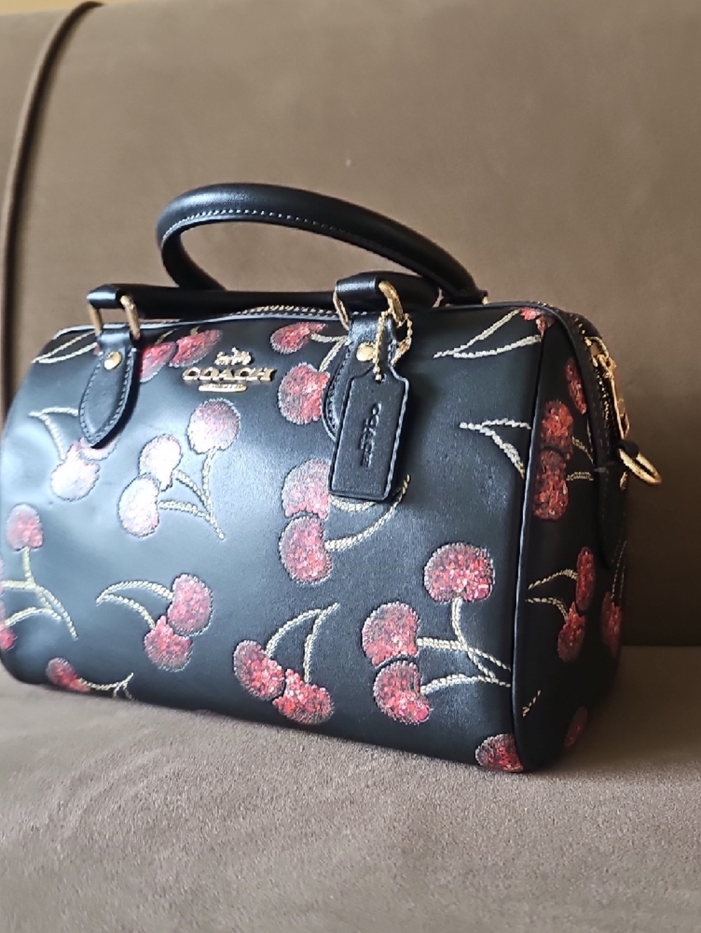 Coach Black Leather Satchel with Pink Cherry Embroidery - Picture 2 of 6